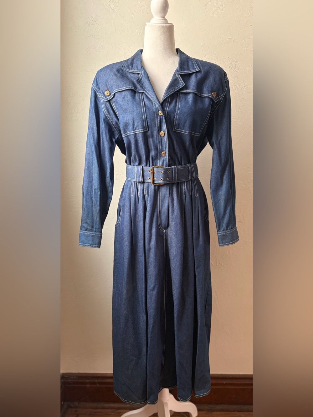 Vintage 80s California Girl Belted Denim Midi Dress Made in USA Size 10